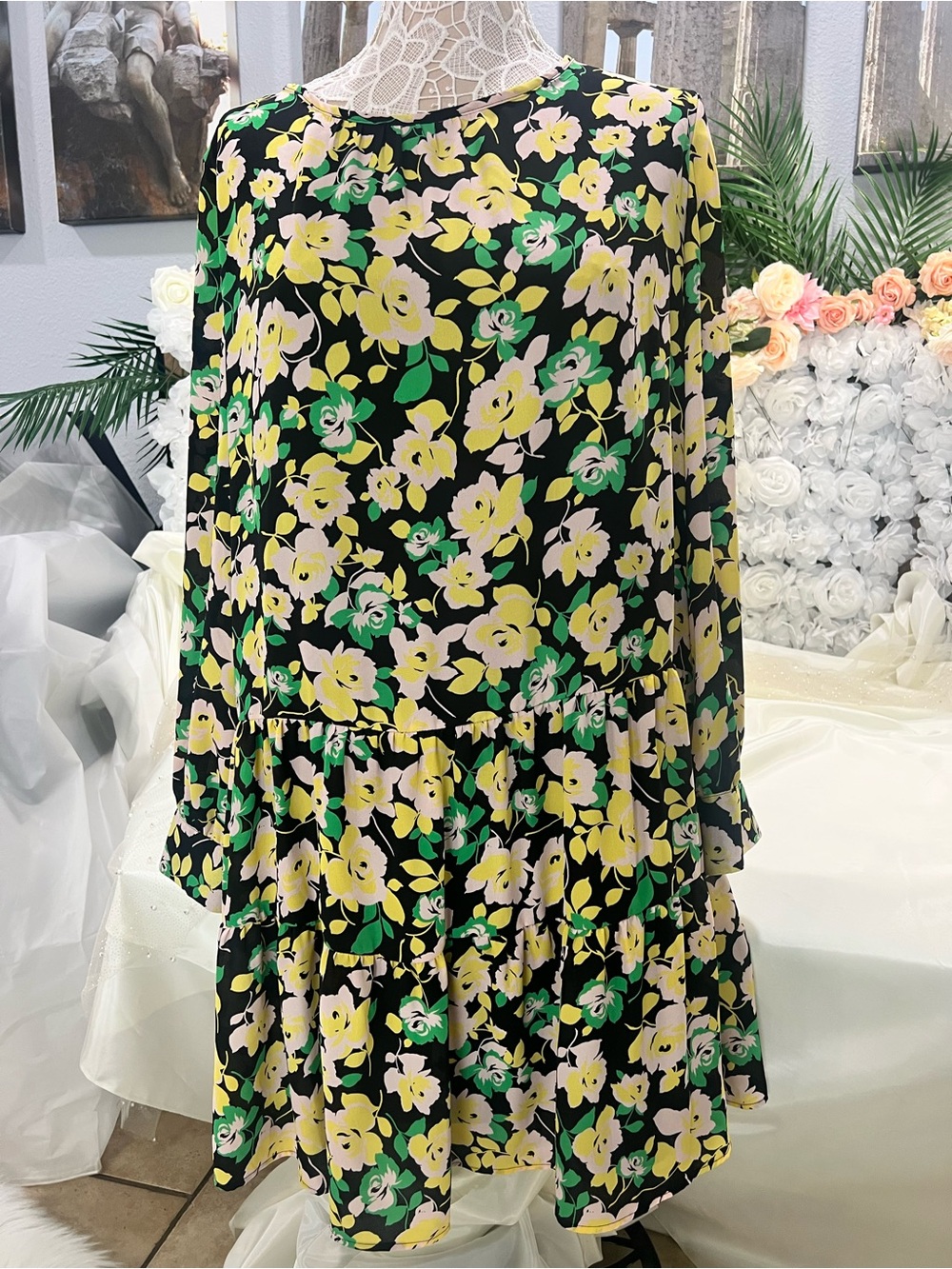 Who What Wear Black Floral Blouse with Yellow Pink and Green Accents